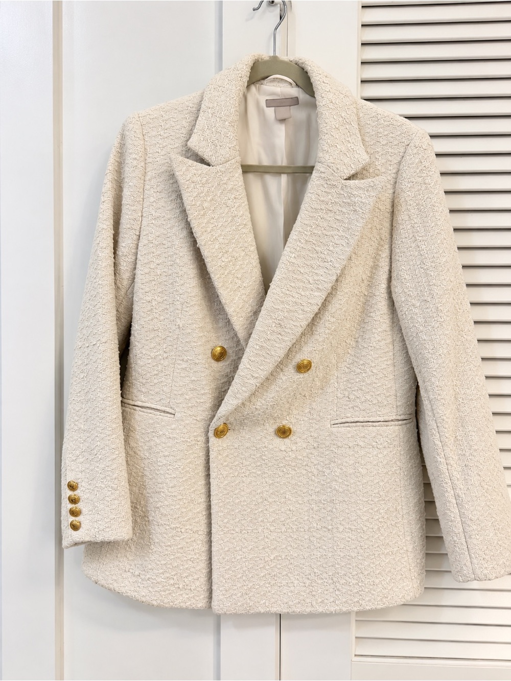 H&M Cream Double-Breasted Textured Blazer with Gold Buttons